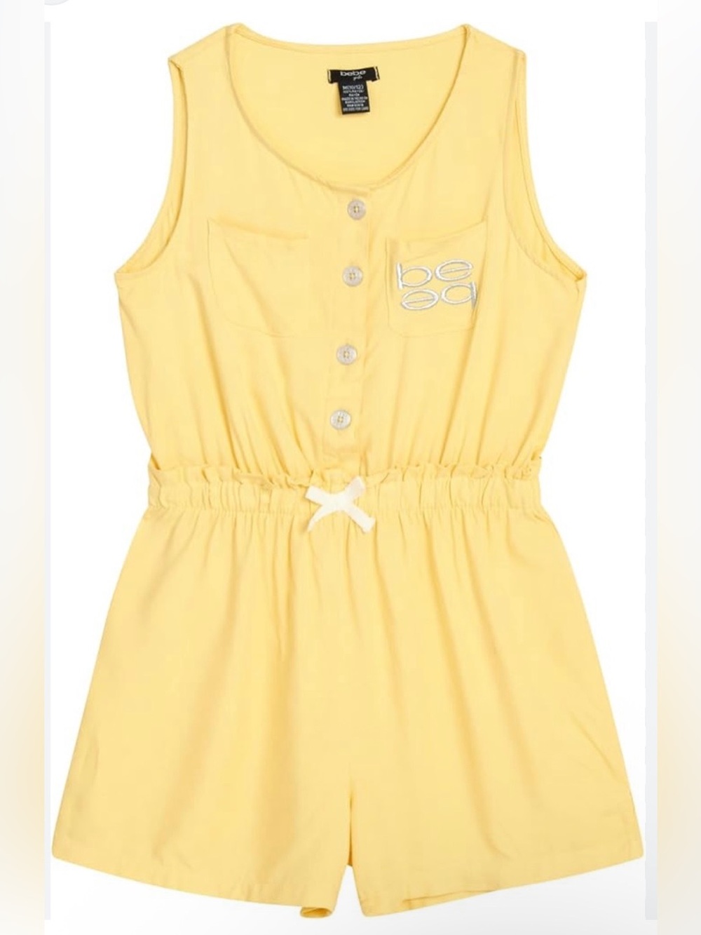 Bebe Girls' Yellow Sleeveless Button Down Woven Romper for big girls/Size: 10-12